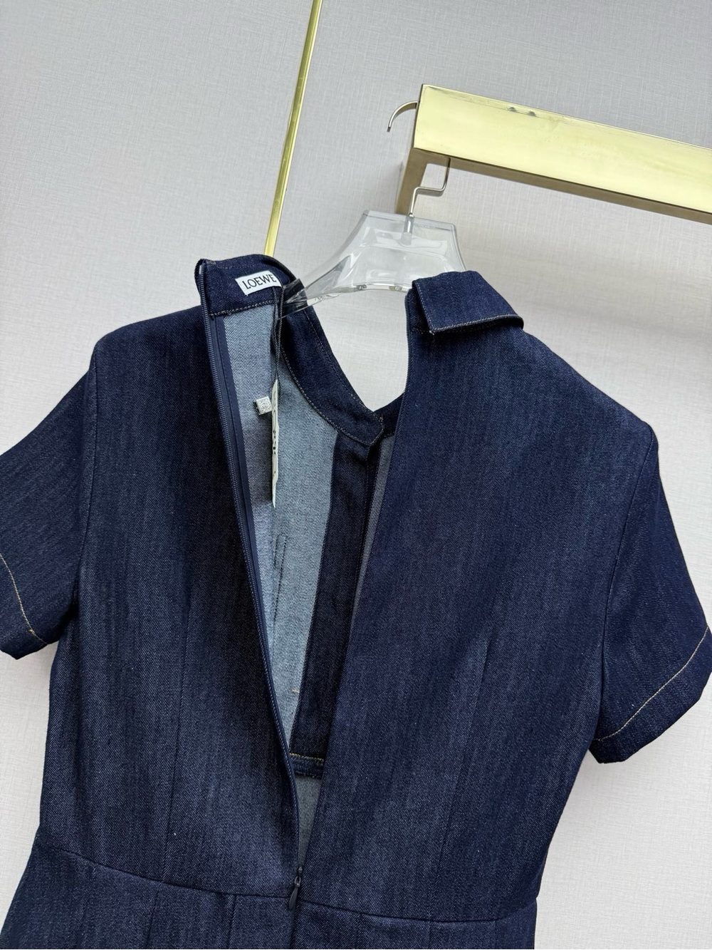 Loewe Dark Blue Denim Short-Sleeve Pleated Midi Dress with Gold Buttons - Picture 6 of 8